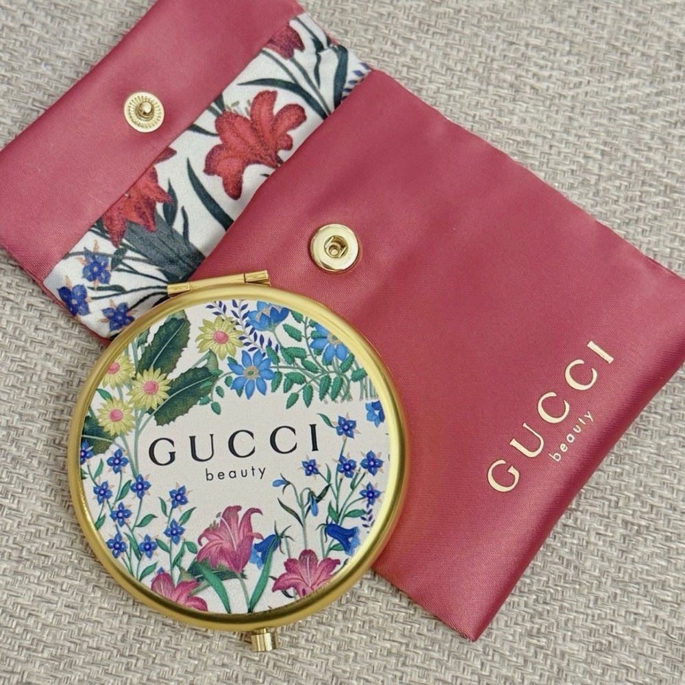 GWP: Gucci Gold Floral Beauty Double Sided Compact Mirror w/ Burgundy Pouch NWT